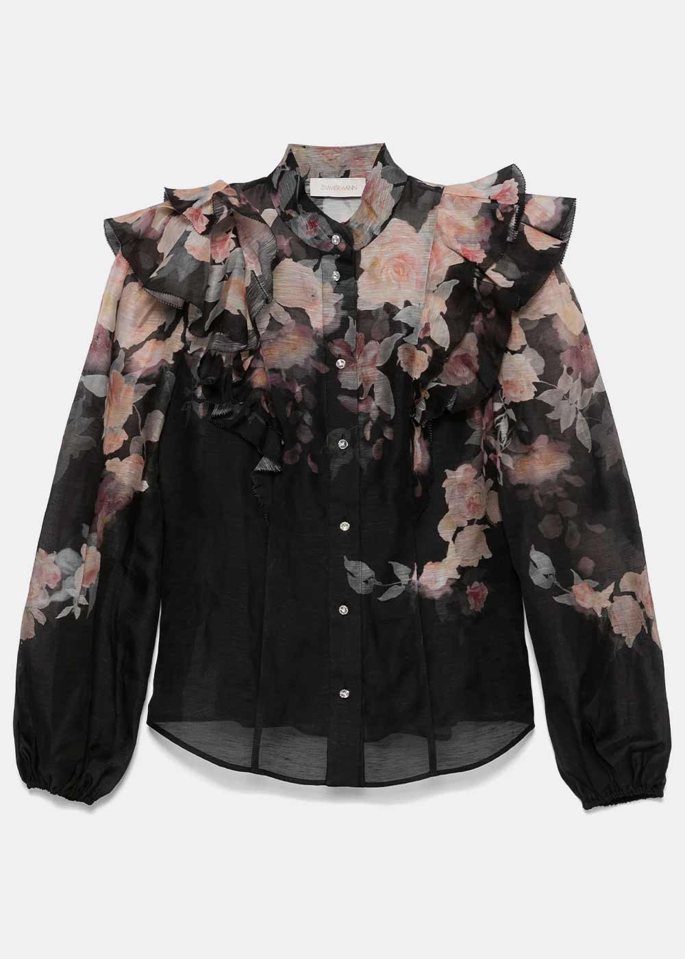 Zimmermann Crush Frill Sleeve Blouse - Black Floral | Garmentory