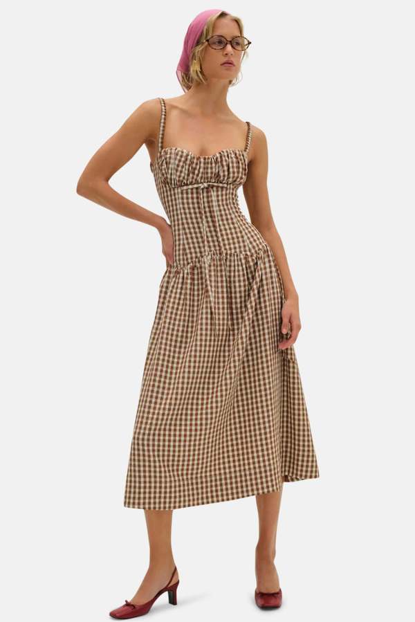 for love and lemons brown dress For Love & Lemons Natasha Midi Dress in Brown