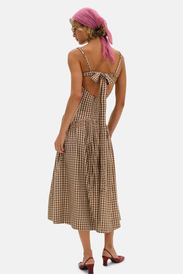knee length dresses for ladies Brown Gingham Shirred Eliza Midi Dress