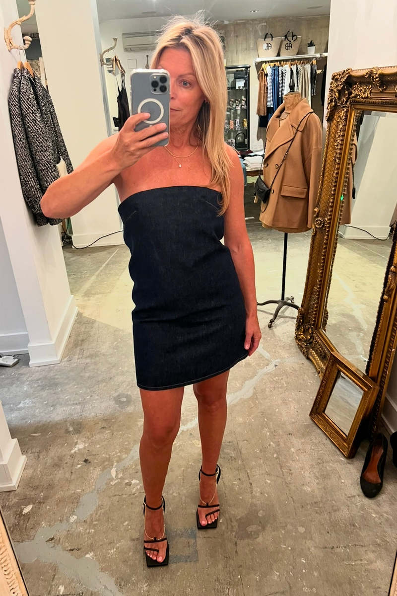  ★Strapless Denim Mini Dress デニムワンピース Amazon.com: Tube Top Strapless Denim Dress Drawstring A-Line