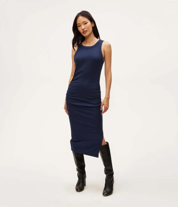 michael stars ruched dress Michael Stars PEREZ RUCHED SLEEVELESS MIDI DRESS