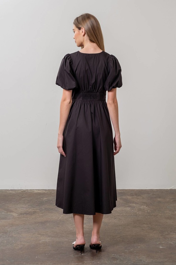 Moon River Puff Sleeve Midi Dress - Black