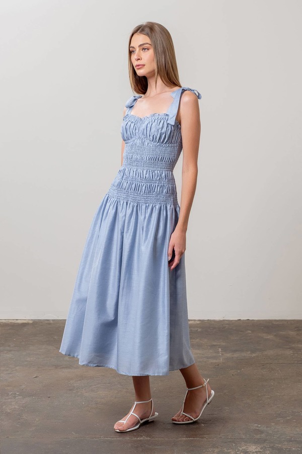 Moon River Shirred Midi Dress - Blue | Garmentory