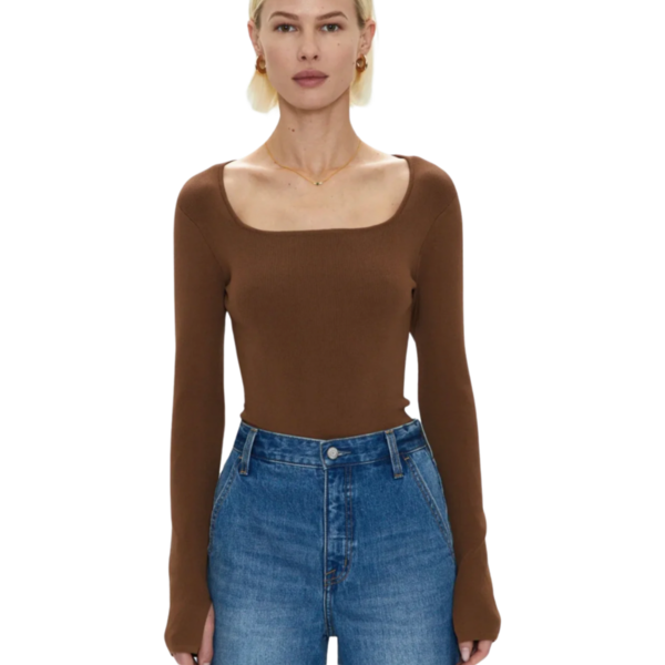 Pistola Jenny Long Sleeve Square Neck Thong Bodysuit - Saddle