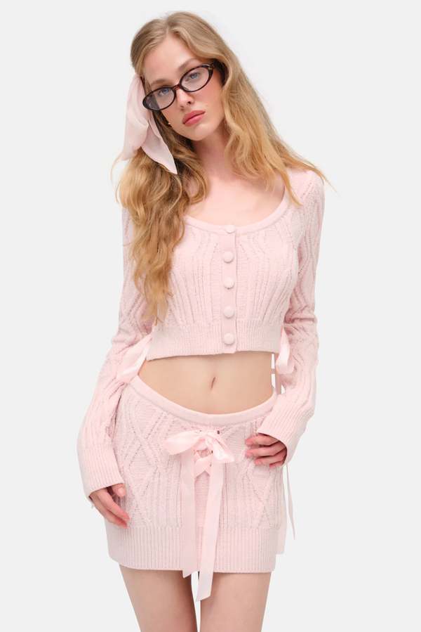 For Love & Lemons Chenille Cable Knit Mini Skirt - Pink