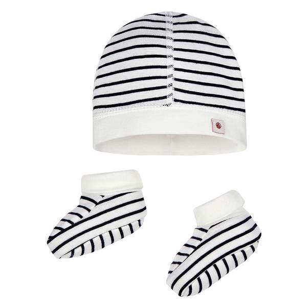 Petit Bateau Baby Hat and Booties Set - Navy Blue Stripes