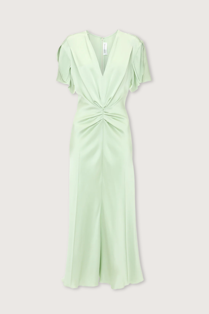 Victoria Beckham Gathered V-Neck Midi Dress - Jade | Garmentory