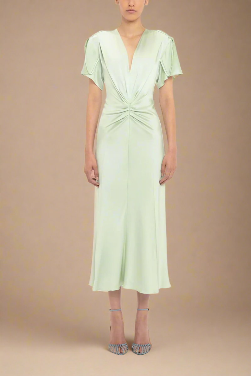 Victoria Beckham Gathered V-Neck Midi Dress - Jade | Garmentory
