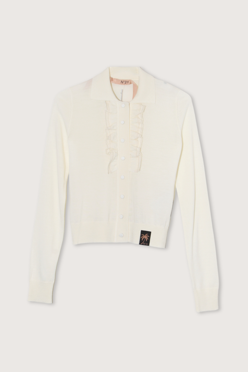 No. 21 Ruffle Front L/S Top Cardi Top - Ecru
