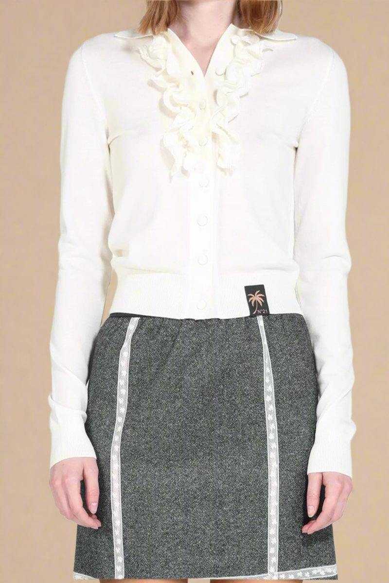 No. 21 Ruffle Front L/S Top Cardi Top - Ecru