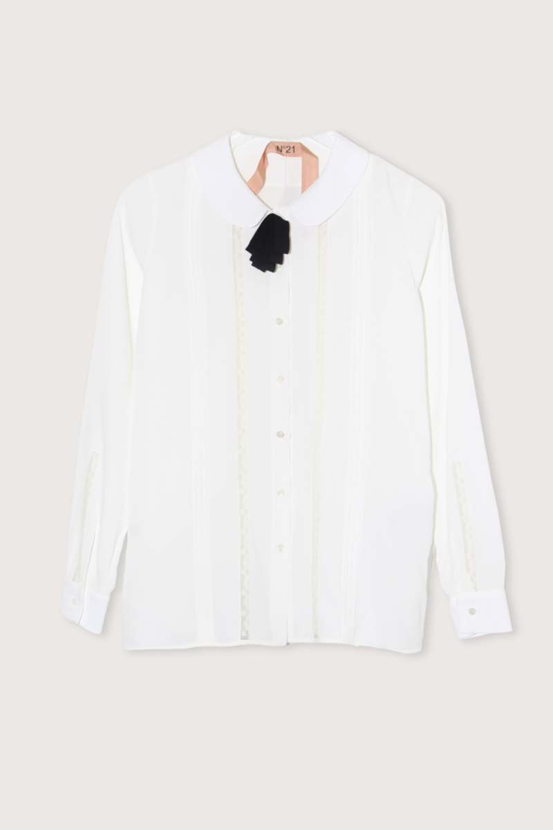 No. 21 Silk L/S Shirt with Lace Trim - White No. 21 Silk L/S Shirt with Lace Trim - White