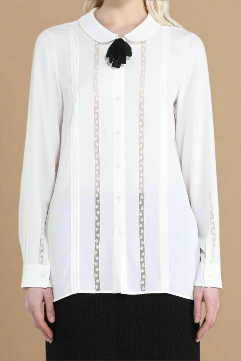 No. 21 Silk L/S Shirt with Lace Trim - White No. 21 Silk L/S Shirt with Lace Trim - White