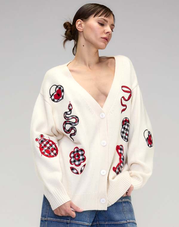 Cynthia Rowley Playful Patchwork Cardigan - White/Red