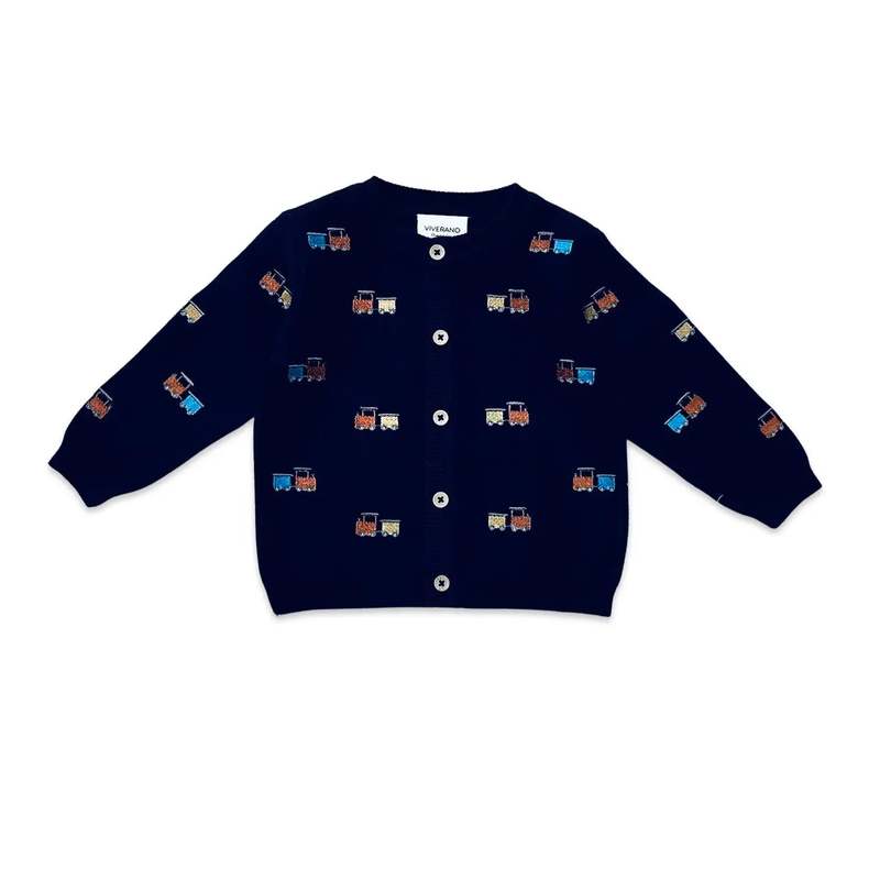 Viverano Organics Baby Button Cardigan Sweater - Train Embroidered Viverano Organics Baby Button Cardigan Sweater - Train Embroidered