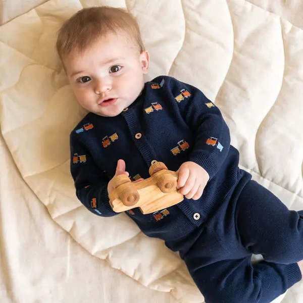 Viverano Organics Baby Button Cardigan Sweater - Train Embroidered Viverano Organics Baby Button Cardigan Sweater - Train Embroidered