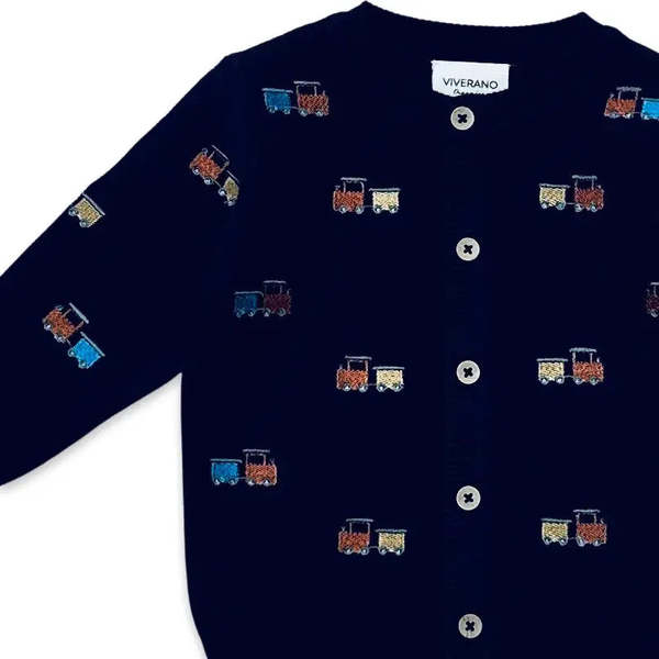 Viverano Organics Baby Button Cardigan Sweater - Train Embroidered Viverano Organics Baby Button Cardigan Sweater - Train Embroidered