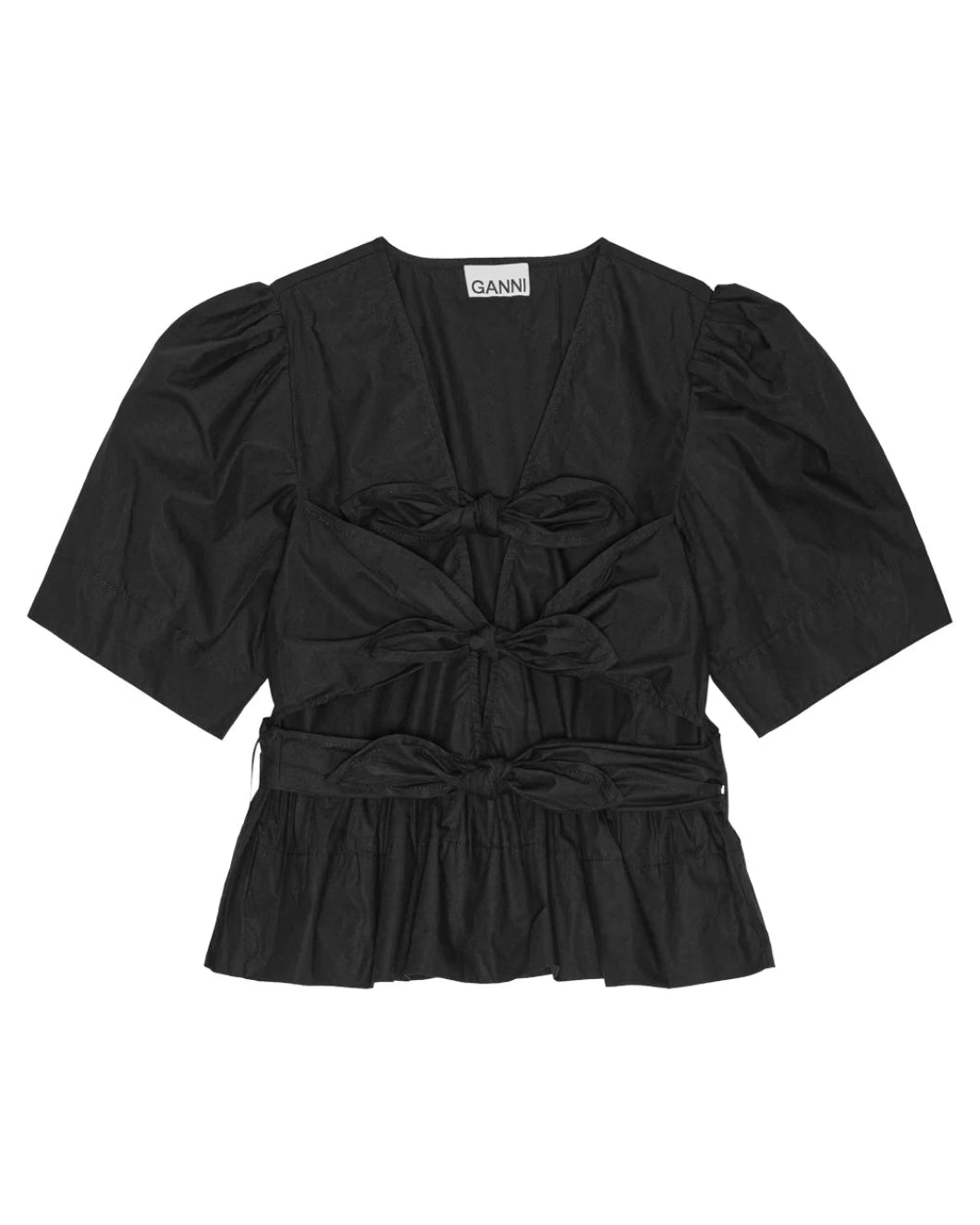 Ganni Stretch Cotton Tie Strap Blouse - Black | Garmentory