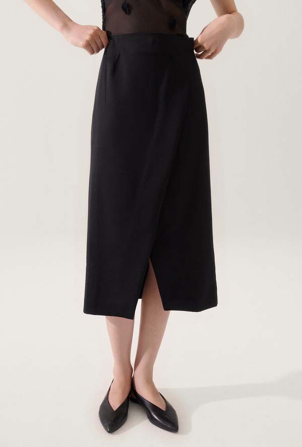 Silk Laundry Wool Wrap Skirt - Black