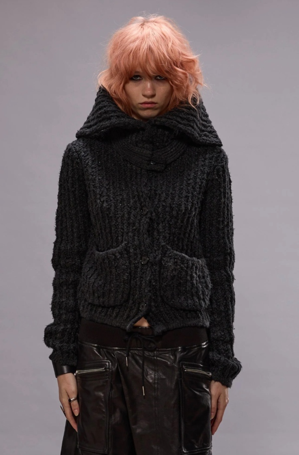 R13 High Neck Shrunken Cardigan Sweater - Washed Black R13 High Neck Shrunken Cardigan Sweater - Washed Black