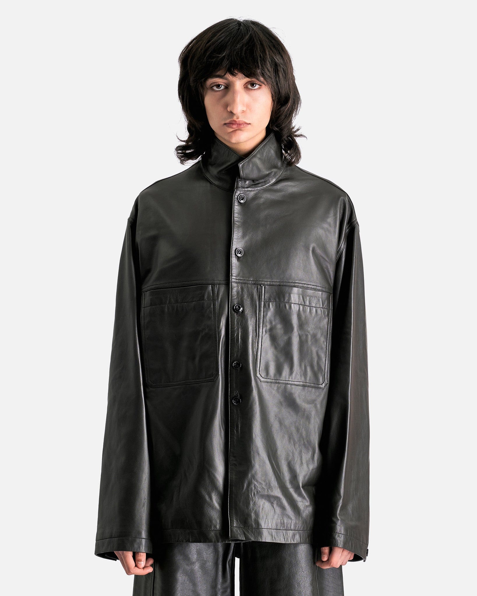 Lemaire Leather Stand Collar Shirt - Dark Espresso | Garmentory