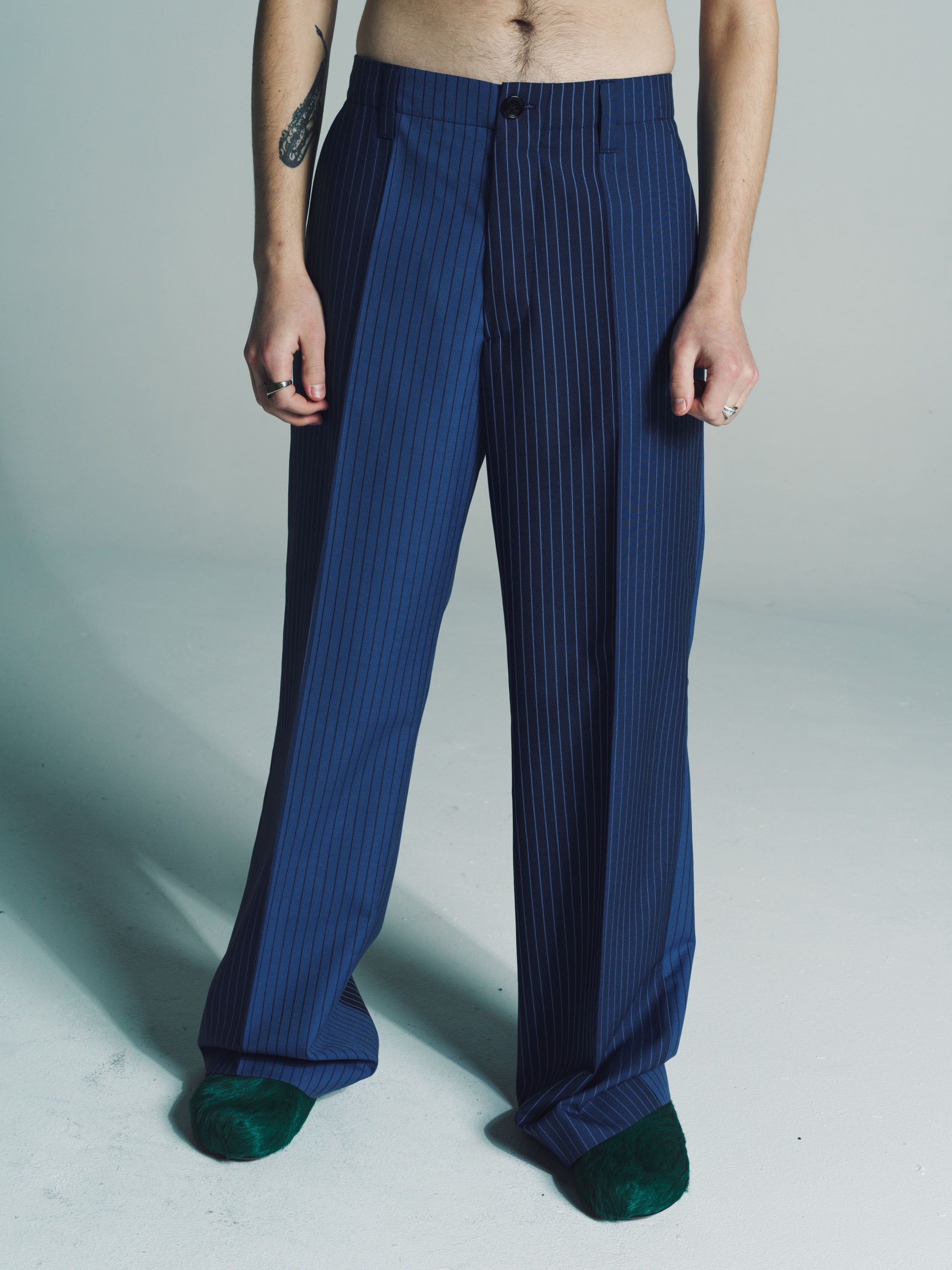 Marni Blue Pinstripe Wool Two-Tone Trousers | Garmentory