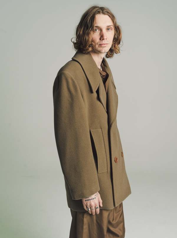 Lemaire Wool Maxi Pea Coat - Khaki | Garmentory