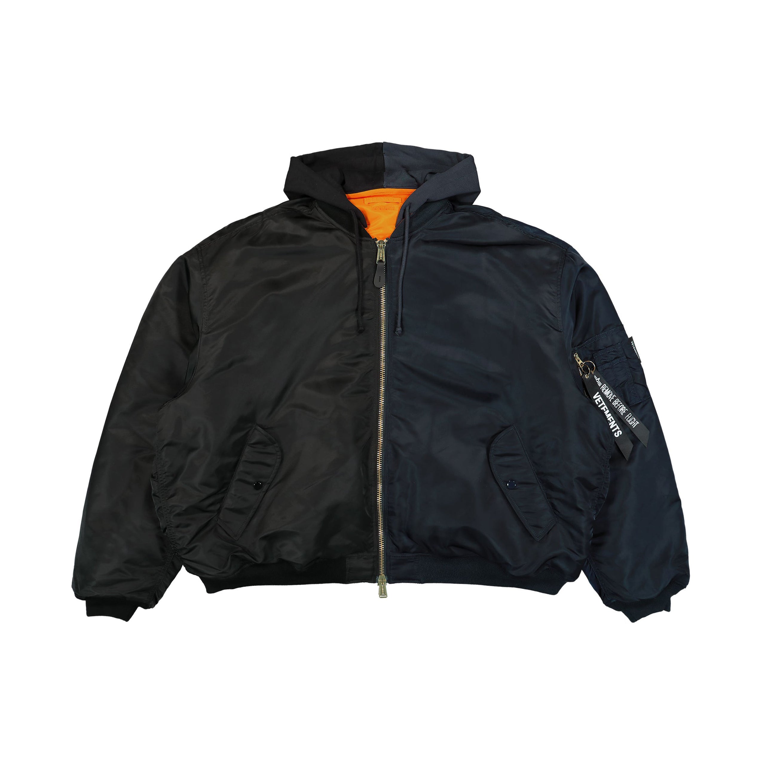 Vetements Split Hooded Bomber Jacket - Navy/Black | Garmentory