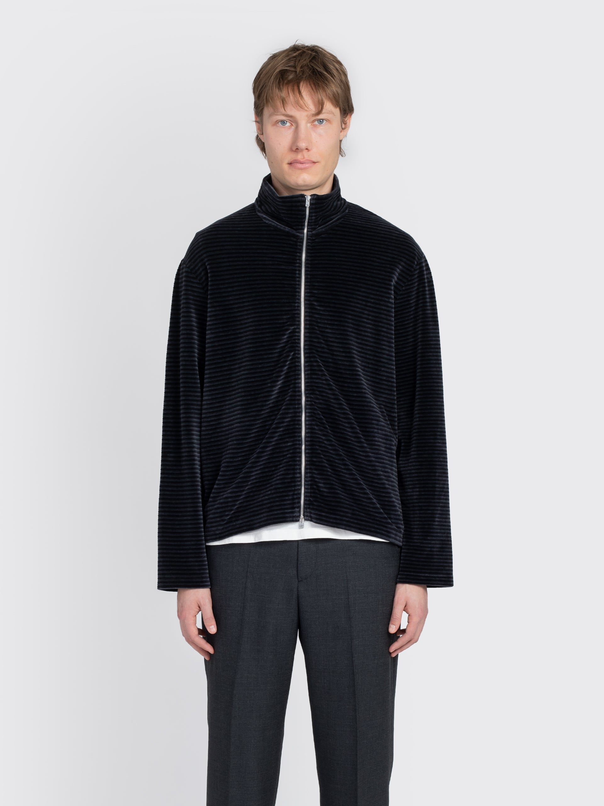OUR LEGACY　SHRUNKEN FULLZIP POLO　Black Shrunken Full Zip Polo in Black Rib