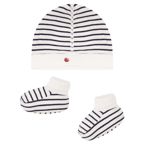 Petit Bateau Baby Hat and Booties Set - White with Navy Blue Stripes