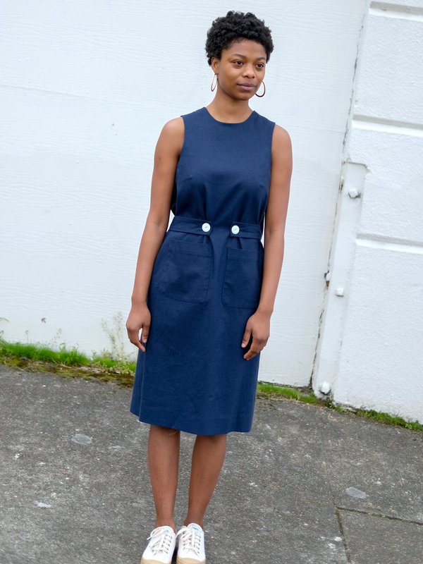 Carleen Wrap Back Linen Dress - Navy | Garmentory