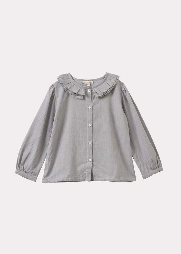 Caramel Phoebe Children's Hand-Loomed Cotton Blouse - Grey Micro-Check
