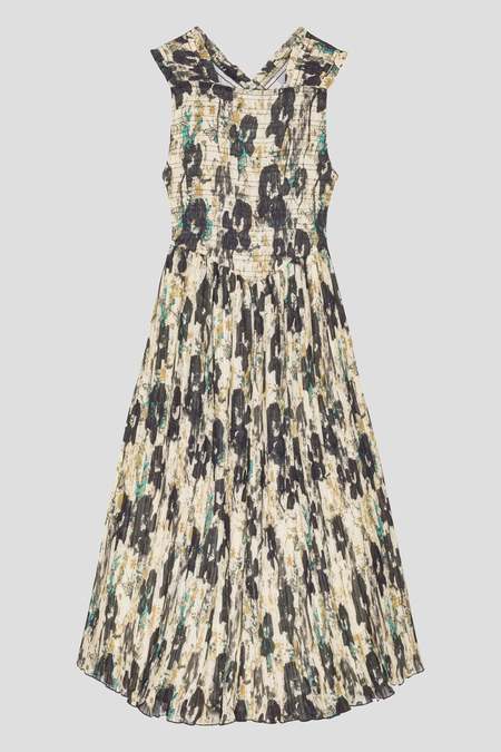 Ganni PRINTED CREPE V-NECK RUFFLE COLLAR DRESS | Garmentory