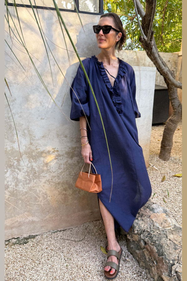 Two Ruffle Caftan Dress - Navy Pinstripe