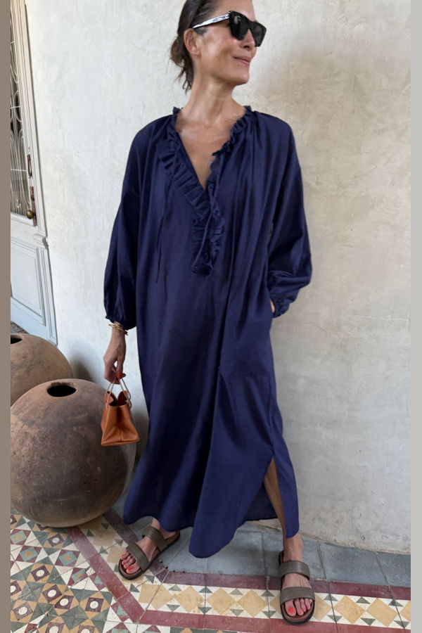 Two Ruffle Caftan Dress - Navy Pinstripe