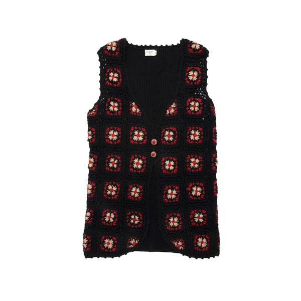 Sundazed 70s Artisanal Crochet Floral Motif Vest - Black