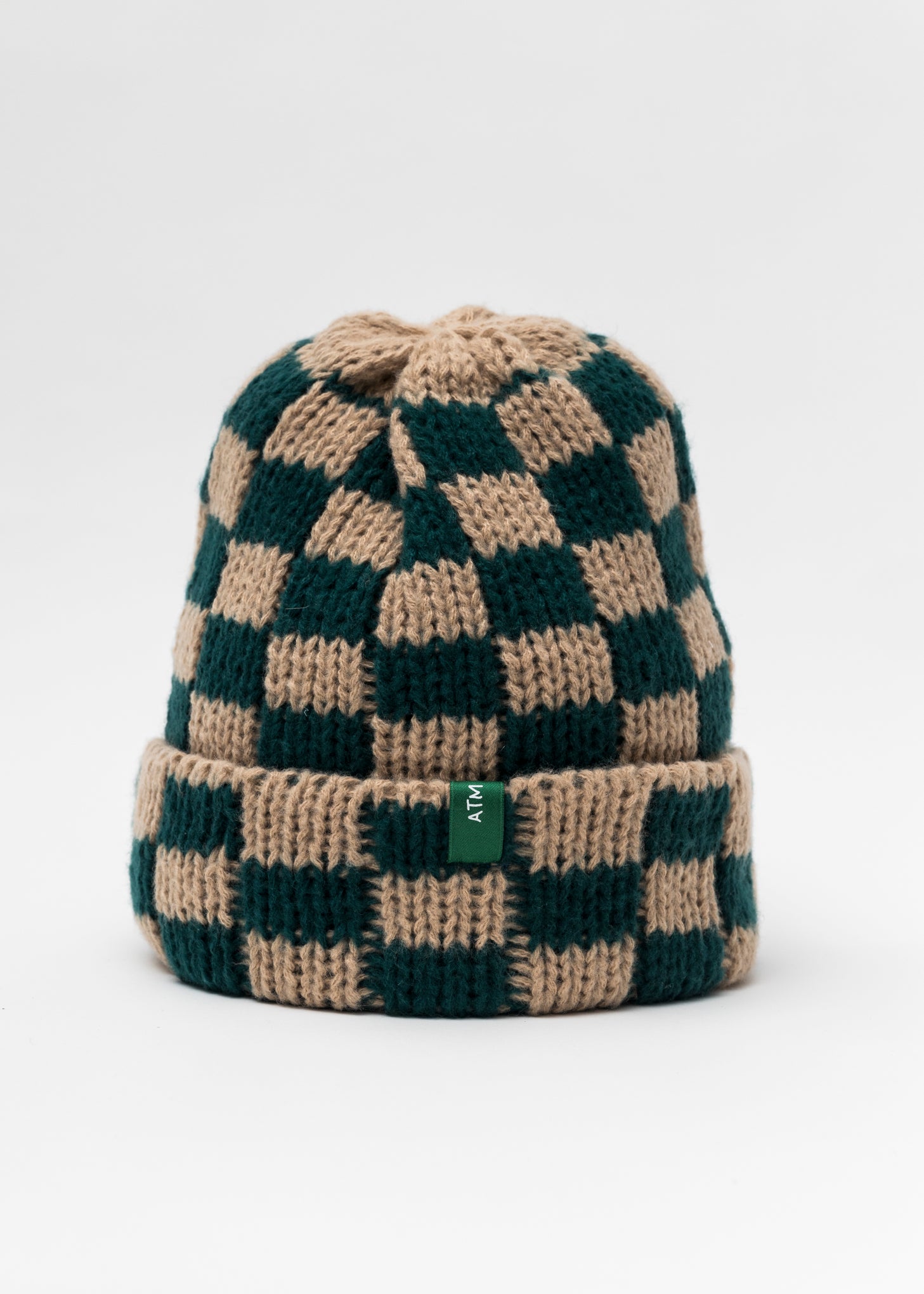 Checkered Color Block Unisex Beanie in Beige & Light Tan. ff Knit Beanie | Coffee & Cream Checkerboard – forever  main image 2