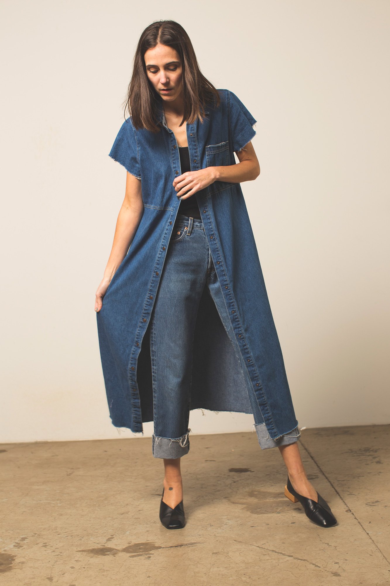 denim duster outfit