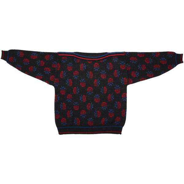 YESSICA 80s Jacquard Pixelated Floral Motif Sweater - Black