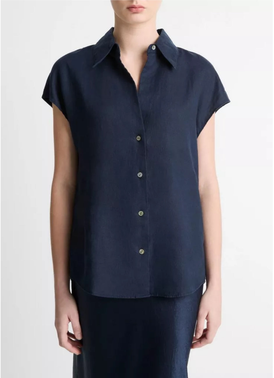 VINCE Cap Sleeve Button Down Blouse - Coastal Blue | Garmentory