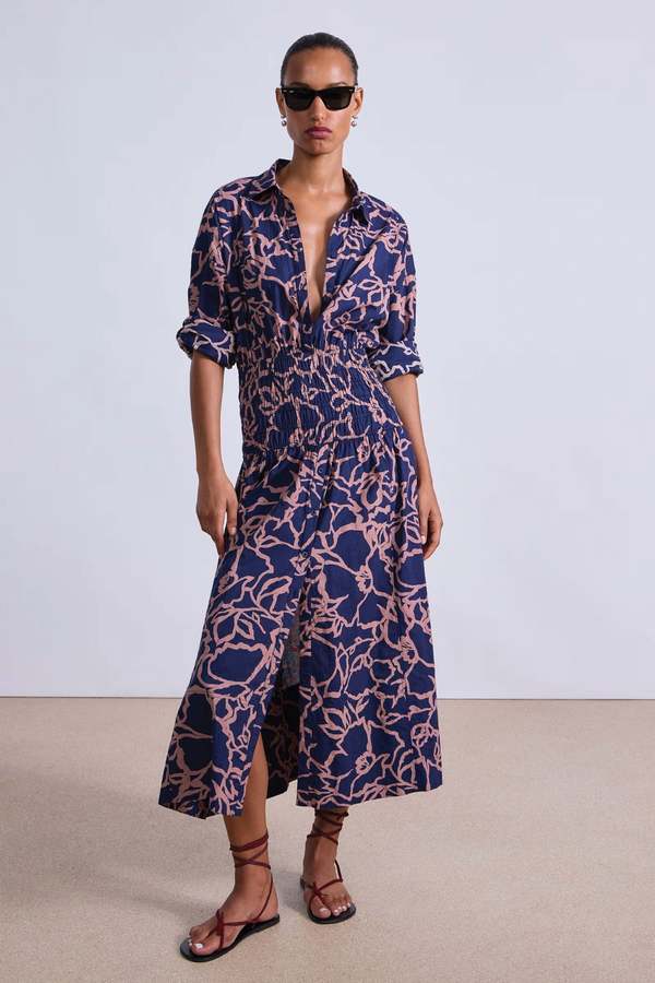 Apiece Apart Sophia Smocked Shirt Dress - Large Lace Floral Navy |  Garmentory
