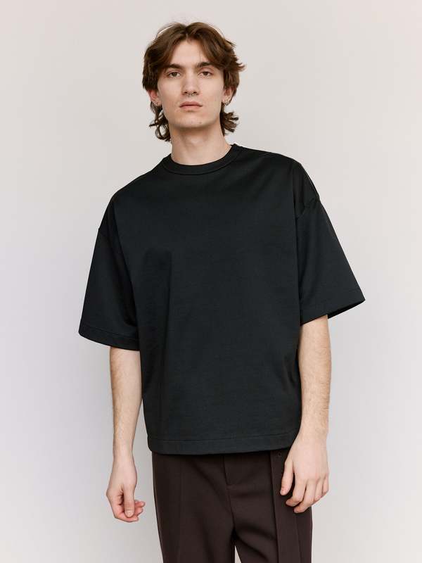 Jil Sander Technical Shiny Cotton Jersey Zip Neck T-Shirt - Black