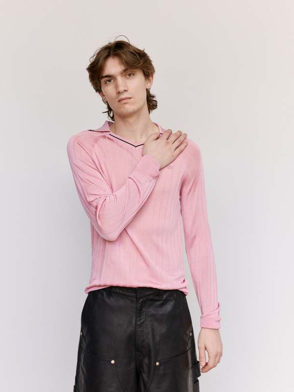 Wales Bonner Roots Polo Shirt - Pink & Navy | Garmentory