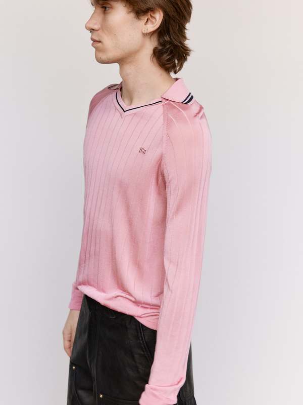 Wales Bonner Roots Polo Shirt - Pink & Navy | Garmentory