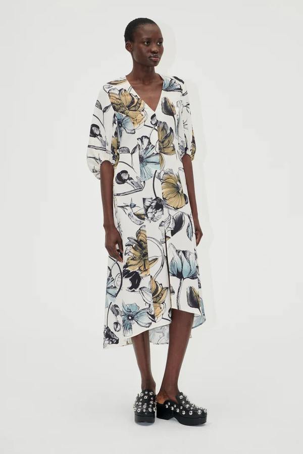 Stine Goya Three-Quarter Sleeve Midi Dress - Fine Line Poppies Stine Goya Three-Quarter Sleeve Midi Dress - Fine Line Poppies