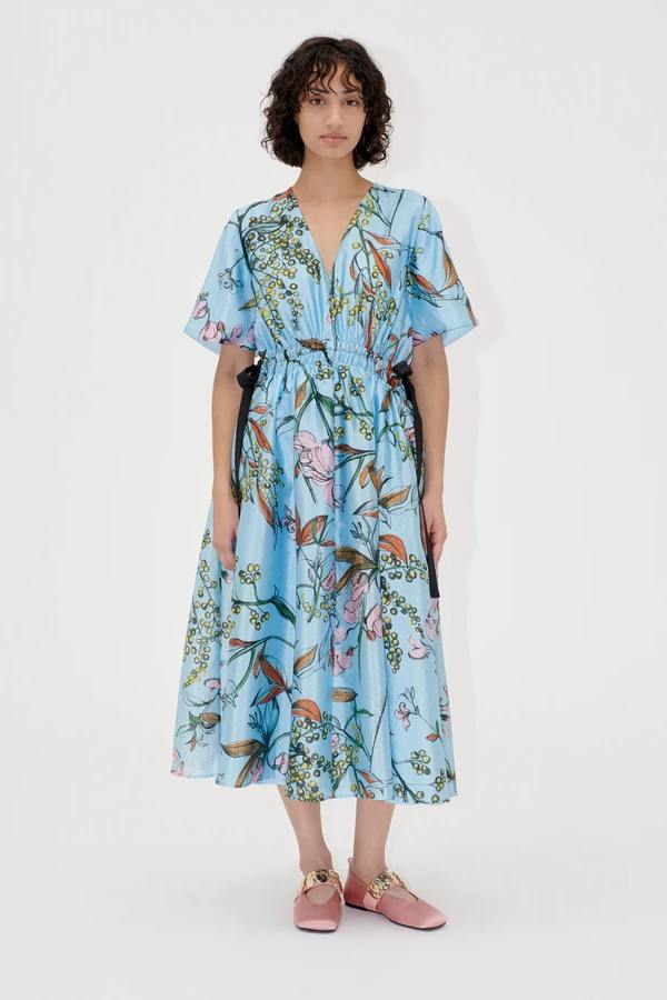 Stine Goya V-Neck Waist Tie Midi Dress - Spring Mimosa on Garmentory