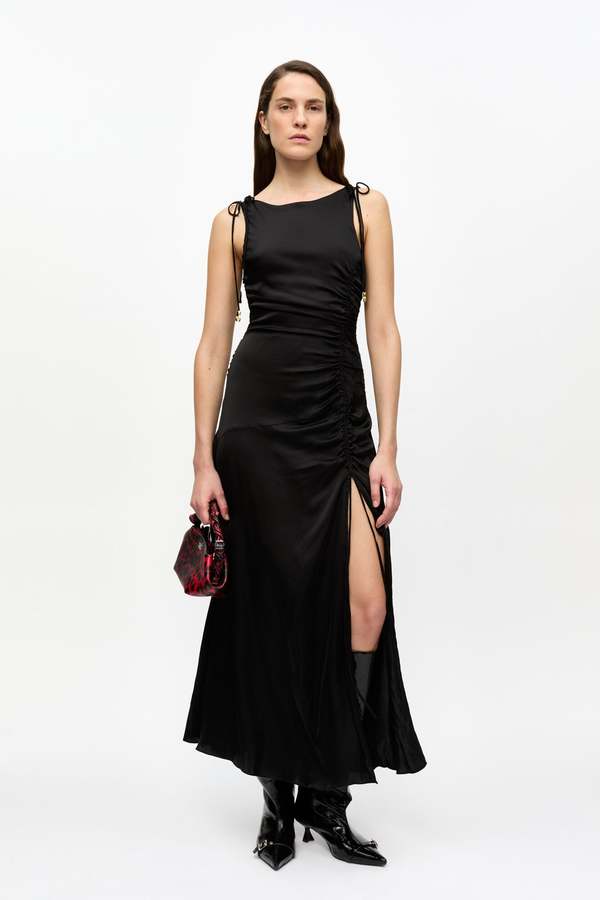 Ganni Satin Gathered Dress - Black | Garmentory