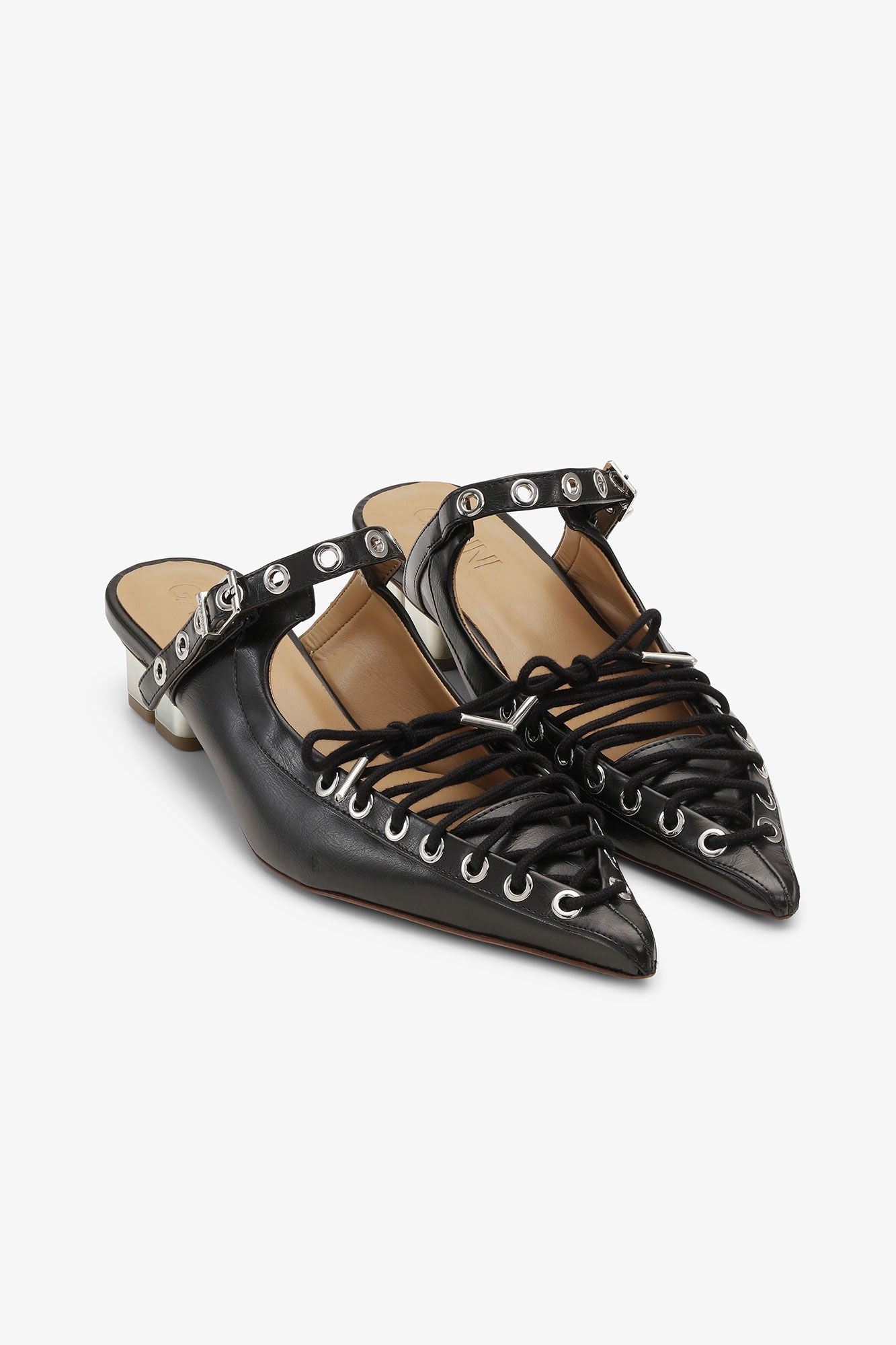 【美品】GANNI ブラック ミュール 38 Ganni Lace-Up Mules - Black | Garmentory