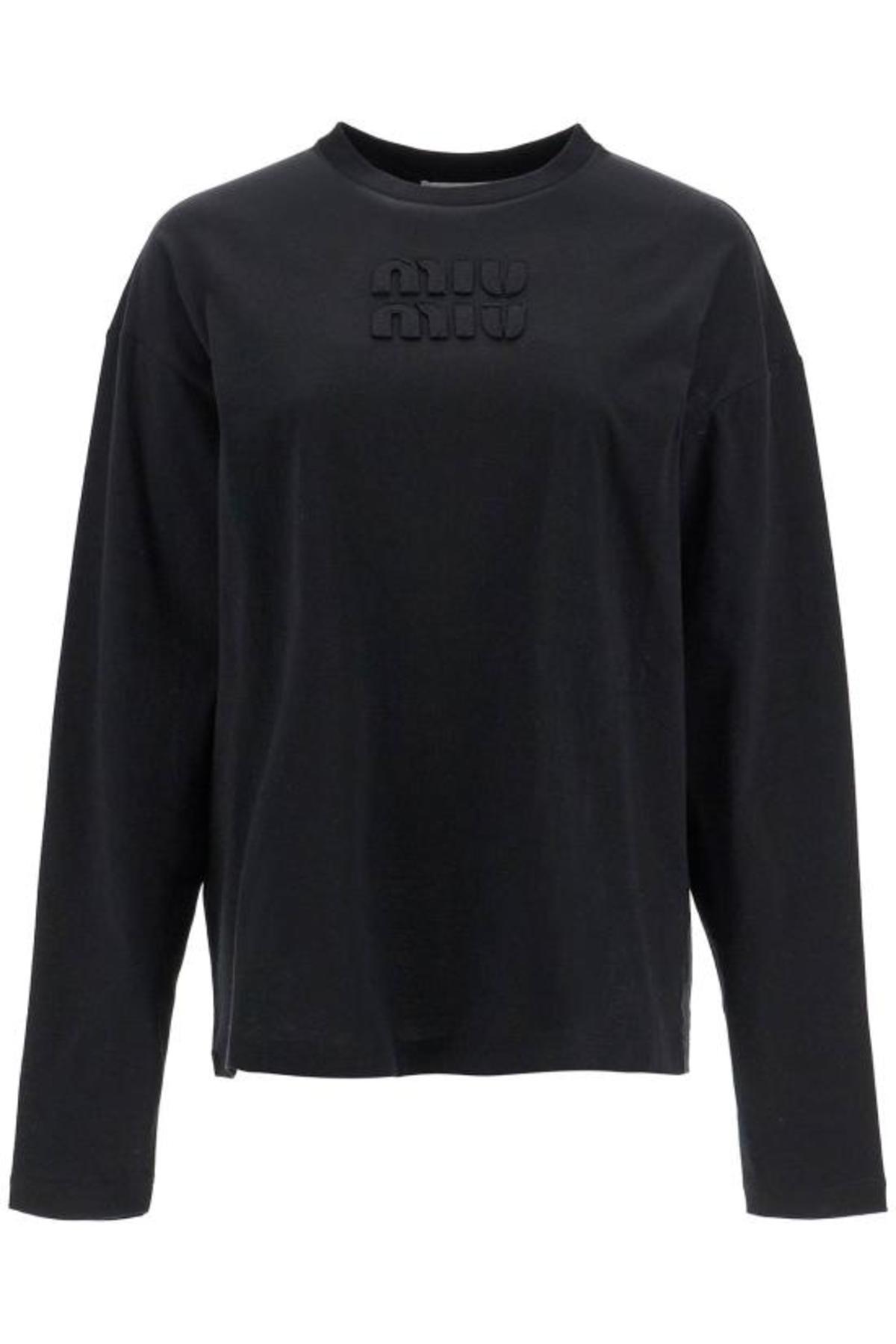 miu miu 黒 長袖Tシャツ Black Long-sleeved Garment-dyed Ribbed Knit Jersey T-shirt