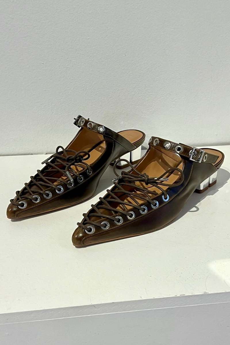 Ganni Oleatex Lace-Up Mules - Dark Olive | Garmentory