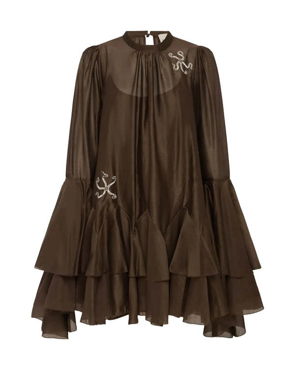 Alemais Neptuna Mini Flare Sleeve Dress - Chocolate | Garmentory